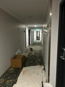 Hotel corridor lighting fitout in progress at the Mercure Hotel, Macquarie Park