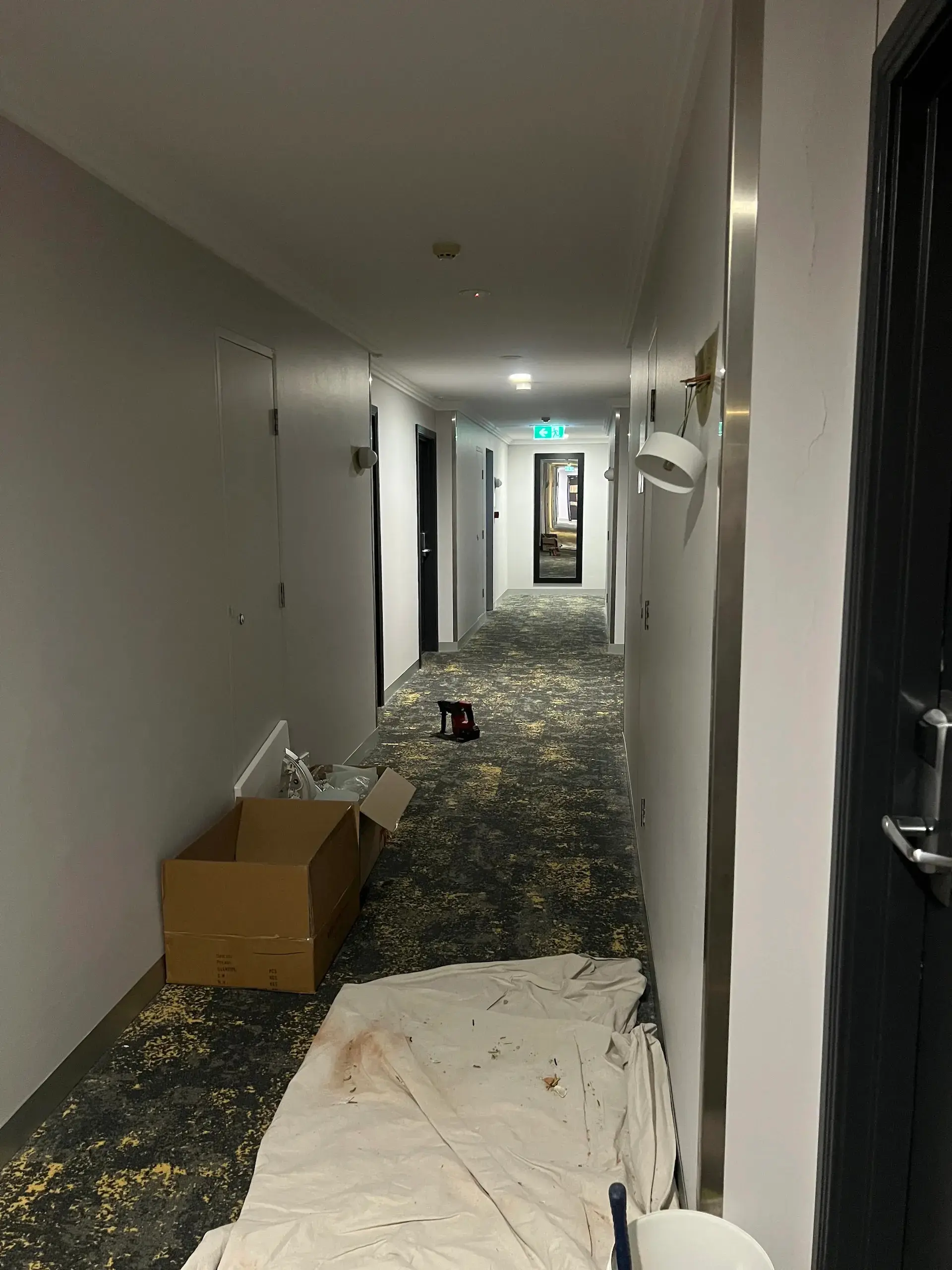 Hotel corridor lighting fitout in progress at the Mercure Hotel, Macquarie Park