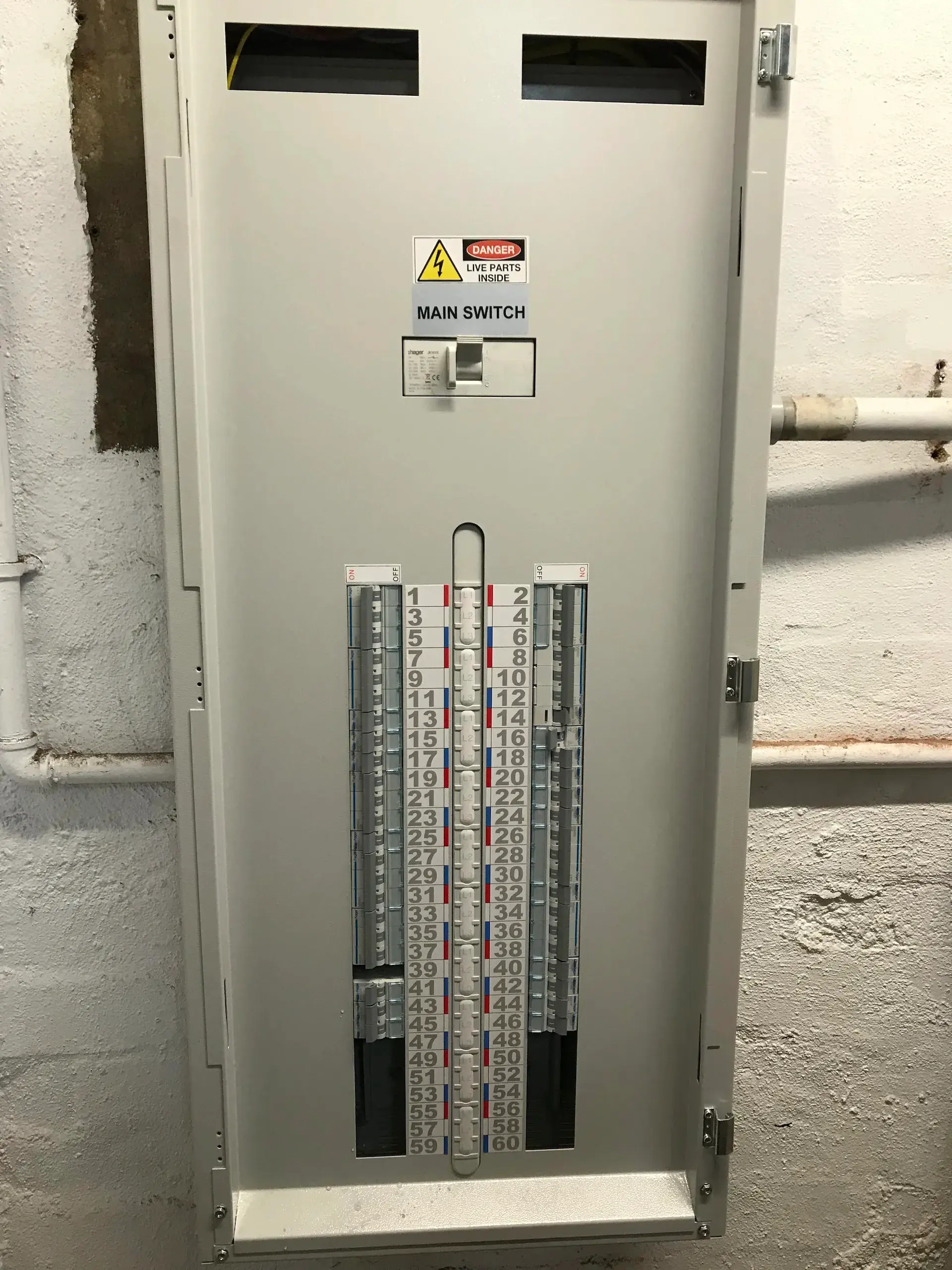 Commercial switchboard with labelled circuit breakers installed by Hassett Electrical