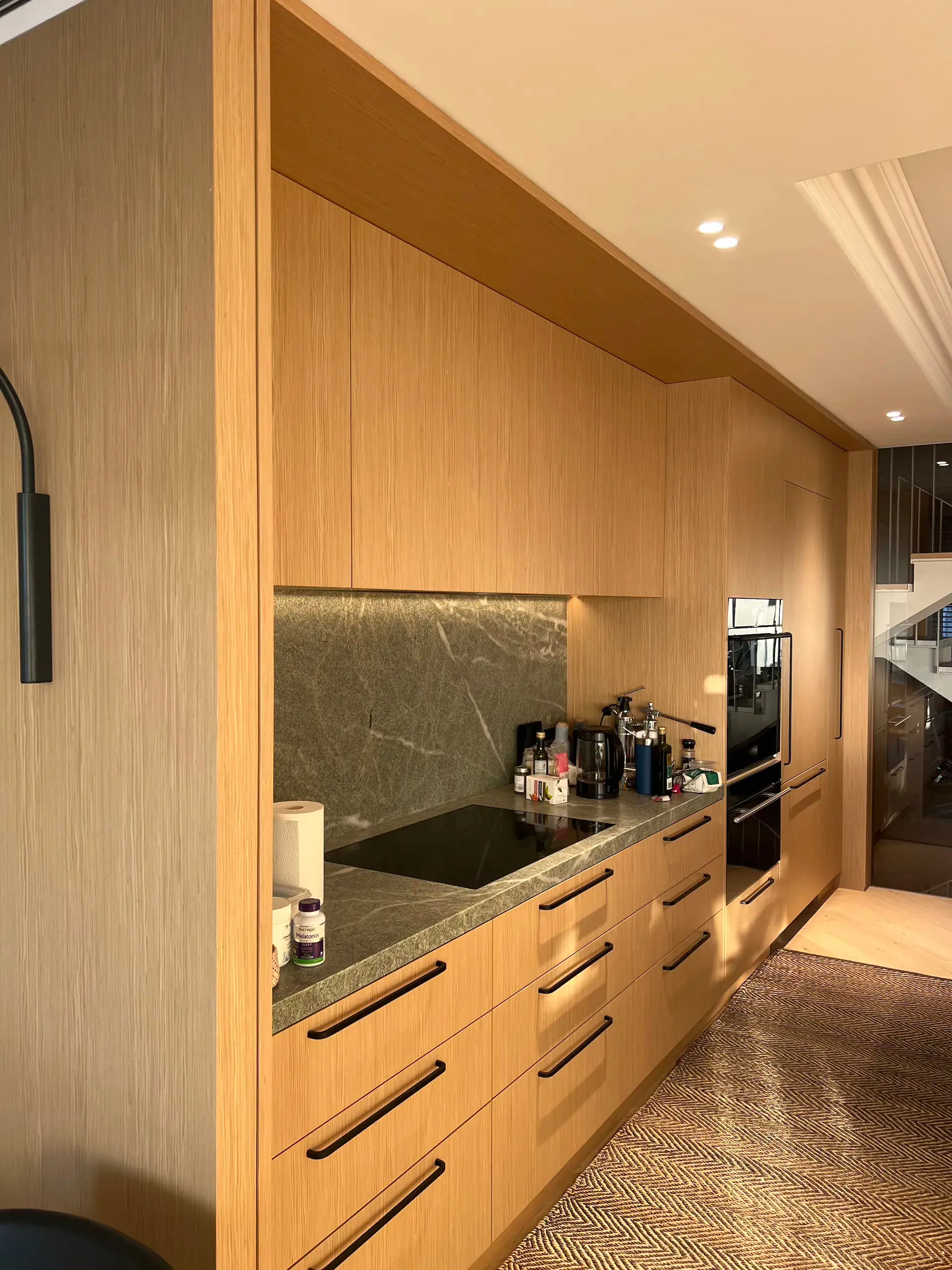 Timber kitchen renovation with marble splashback and joinery lighting, Paddington