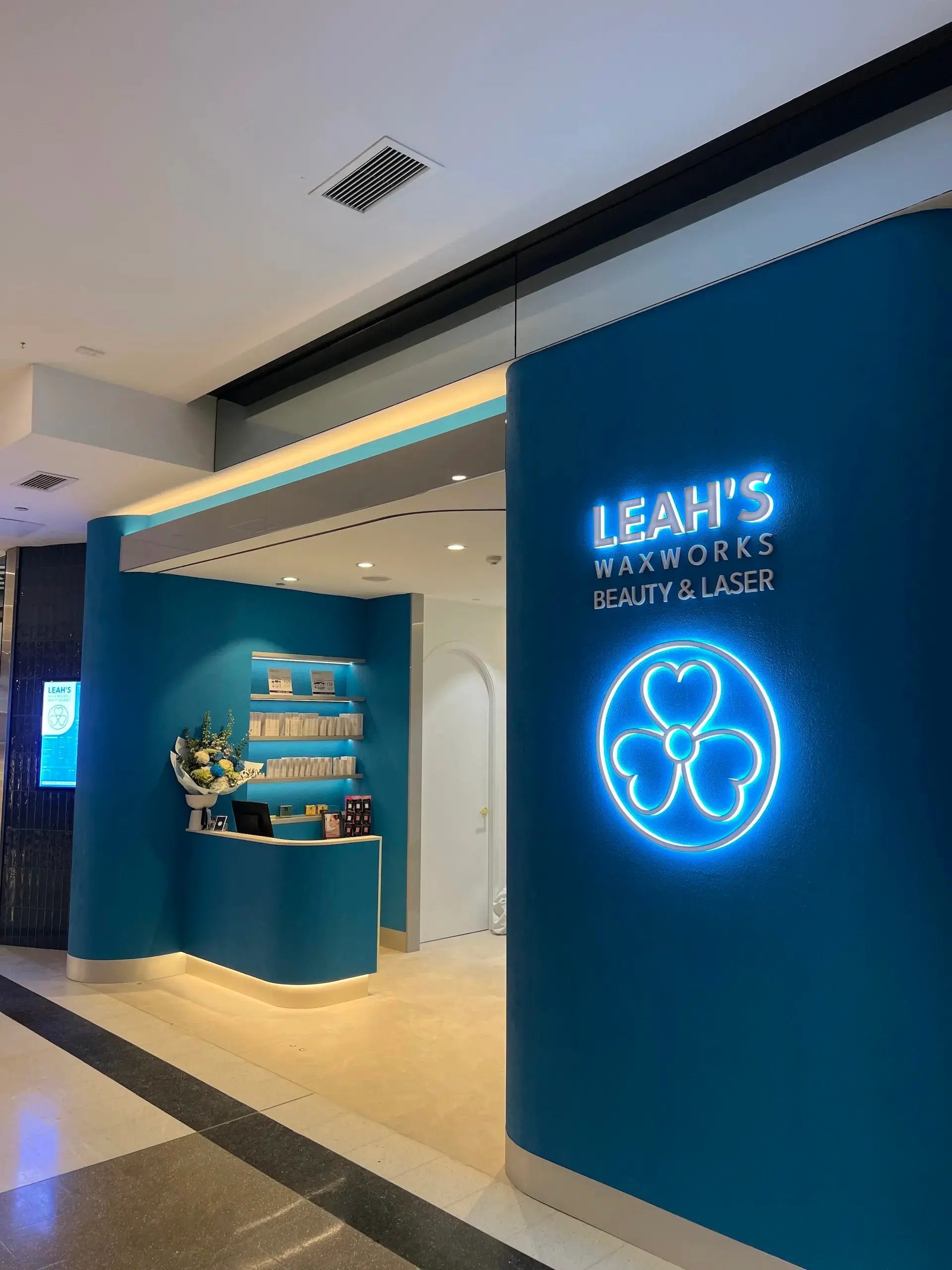 Illuminated shopfront signage installation for Leah's Waxworks Beauty & Laser at Westfield Eastgardens